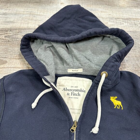 Vintage Y2K Abercrombie & Fitch Muscle Zip Up Navy Hoodie Men's Size Medium - Picture 2 of 9